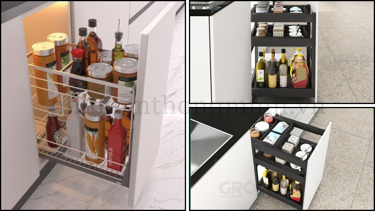 Kệ Gia Vị Âm Tủ Inox, Thép Phủ Nano và Nhôm Anodized