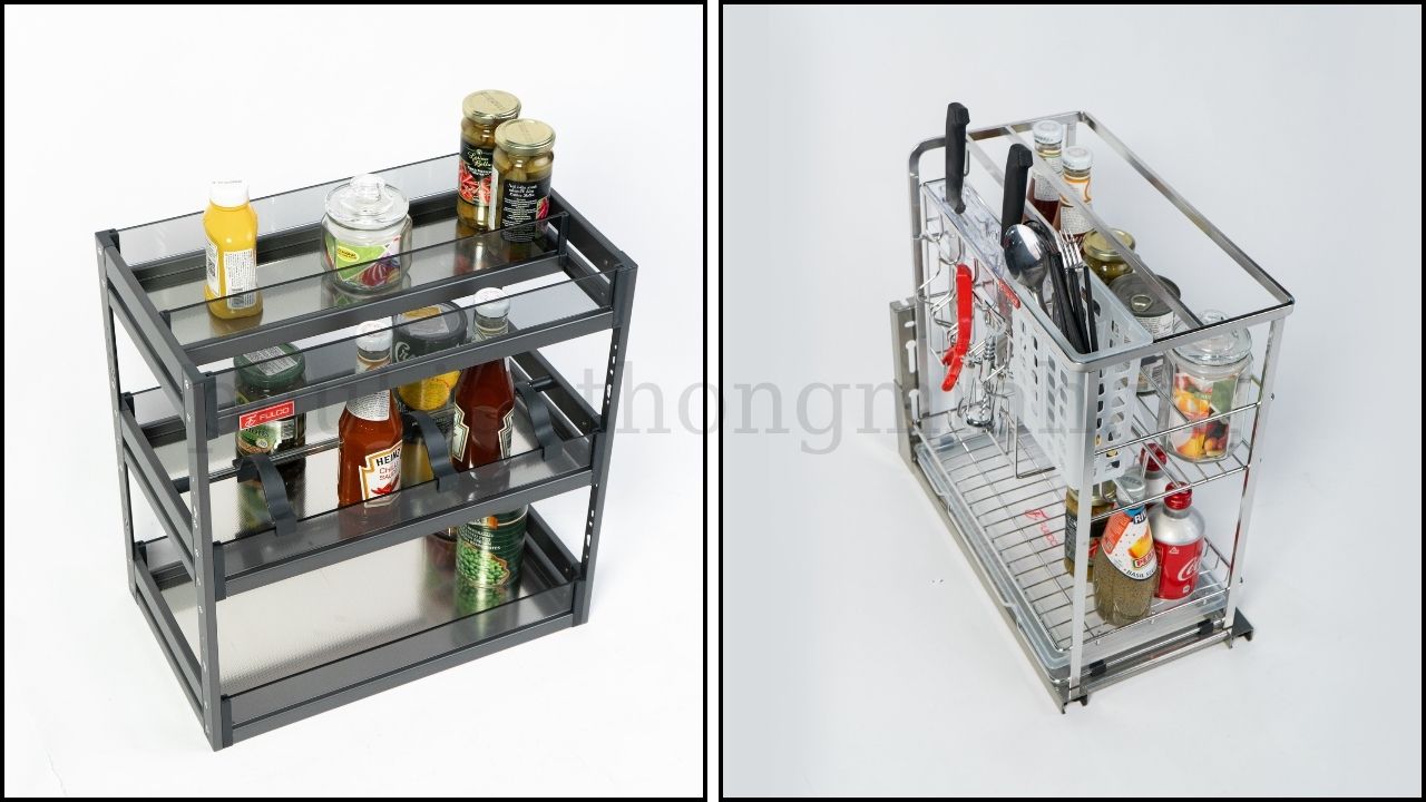 Kệ đa tầng giúp sắp xếp gọn gàng mọi loại chai lọ, gia vị.