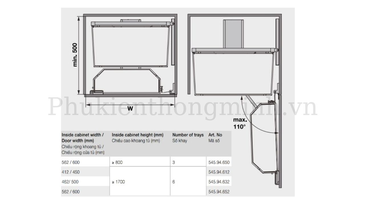 Thông số kỹ thuật Tủ Đồ Khô 6 Tầng 500mm Tandem Pantry Hafele 545.94.632