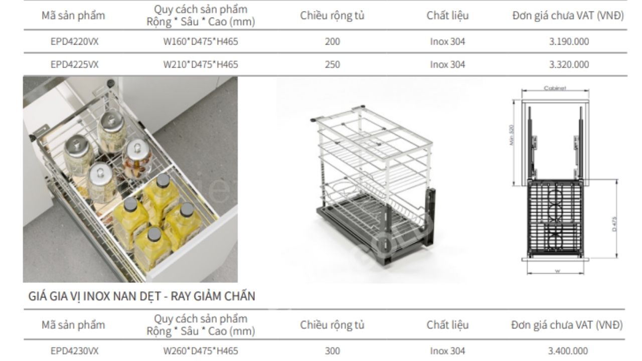 Kích thước cơ bản của giá gia vị Eurogold