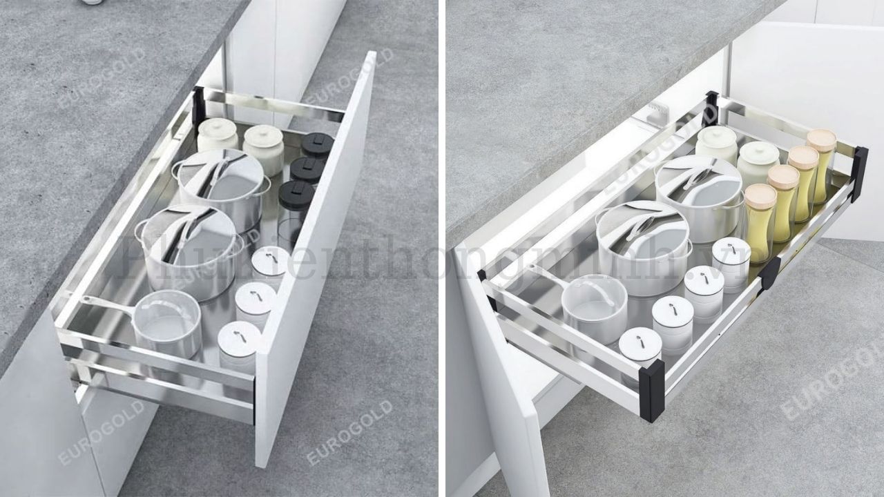 Mẫu sản phẩm giá xoong nồi Eurogold inox hộp gắn cánh và âm tủ